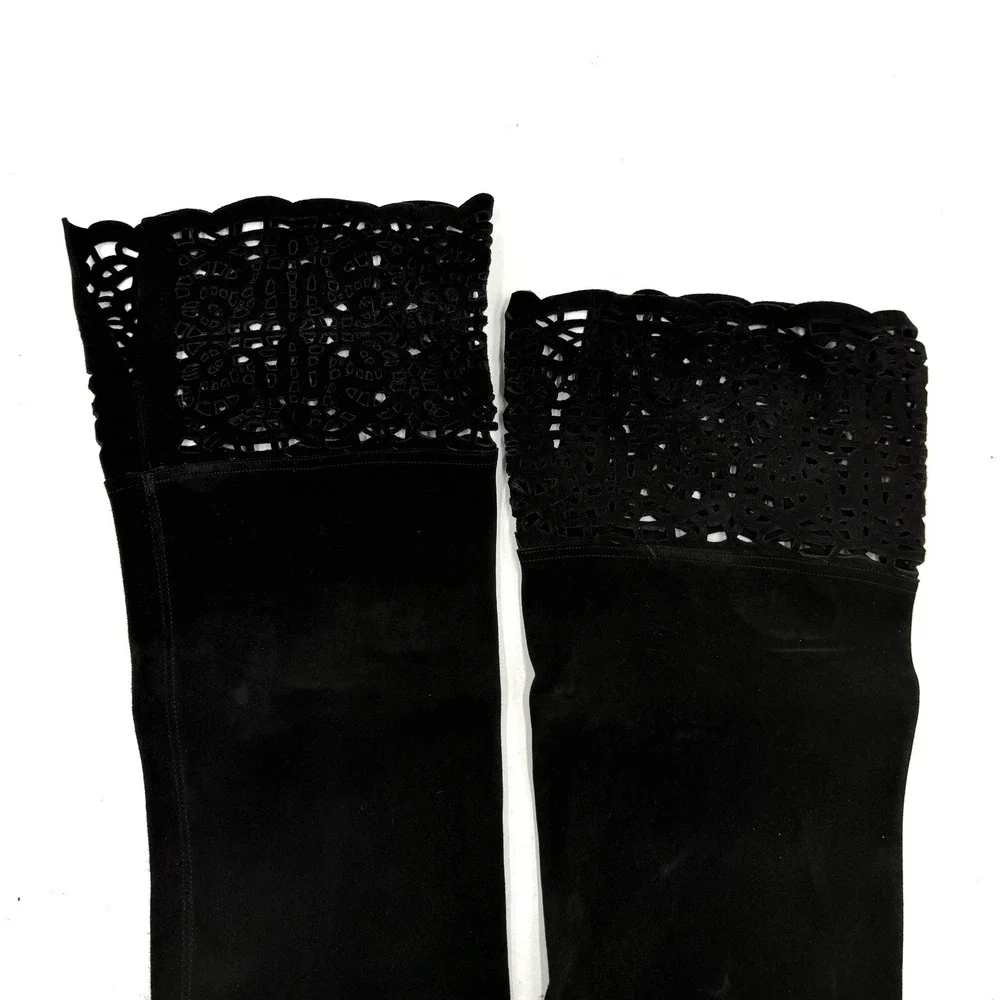Manolo Blahnik Black Over-the-Knee Lace-Trim Boots